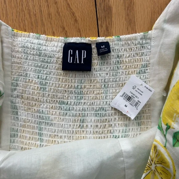 Gap Medium Linen Blend Lemon Print Dress NWT Summer Sundress Smocked Back A-Line - Picture 10 of 11